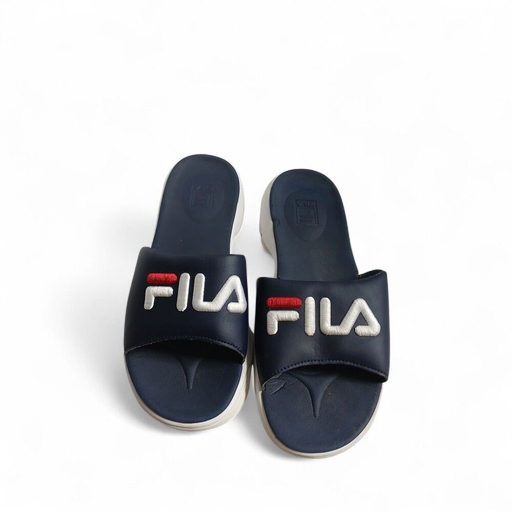 Fila Slide Sandals Navy Blue White Red Logo Comfort Casual Unisex size10